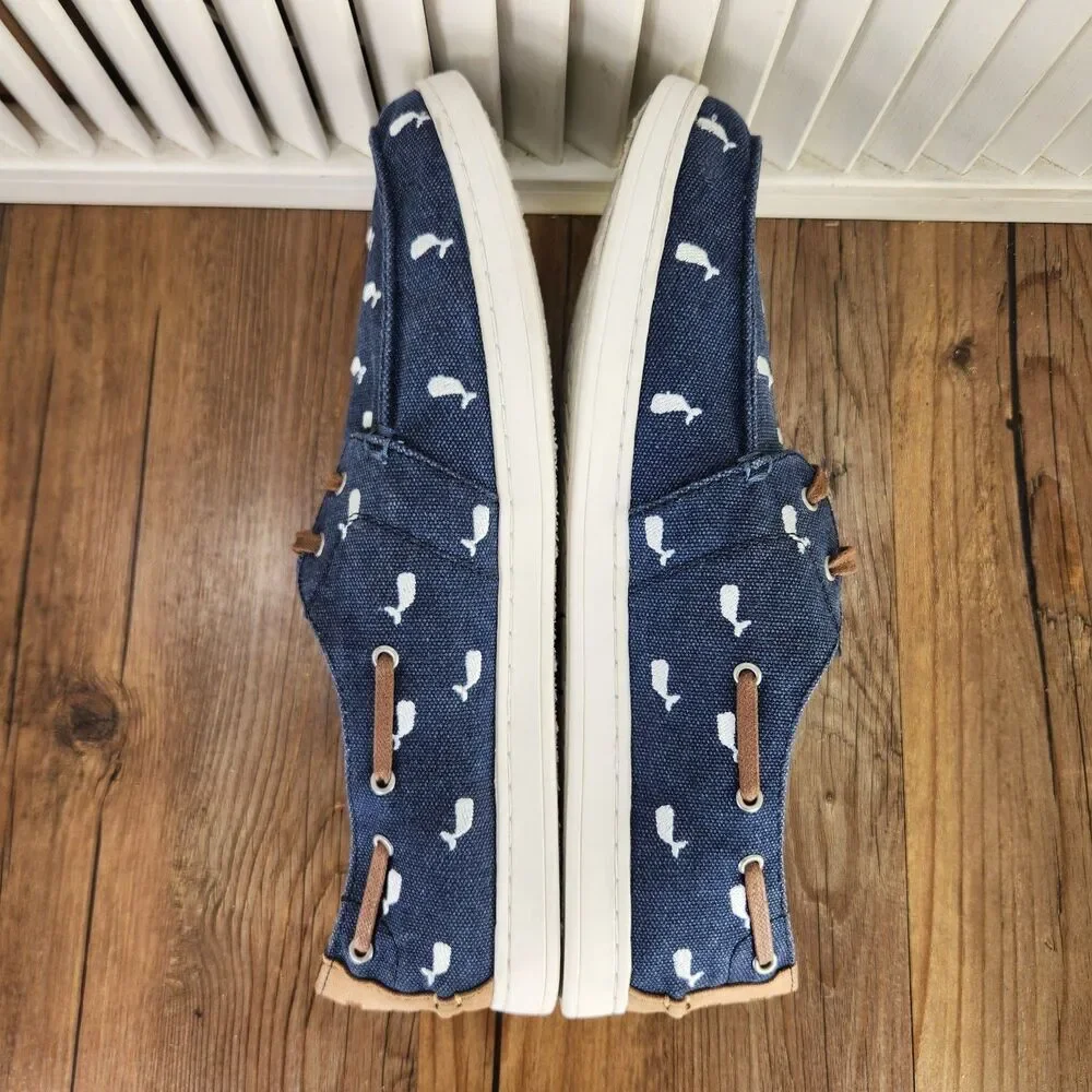 Toms Oceana Whale Print Boat Shoes Men's 12 Blue Canvas Casual Comfort Dockside